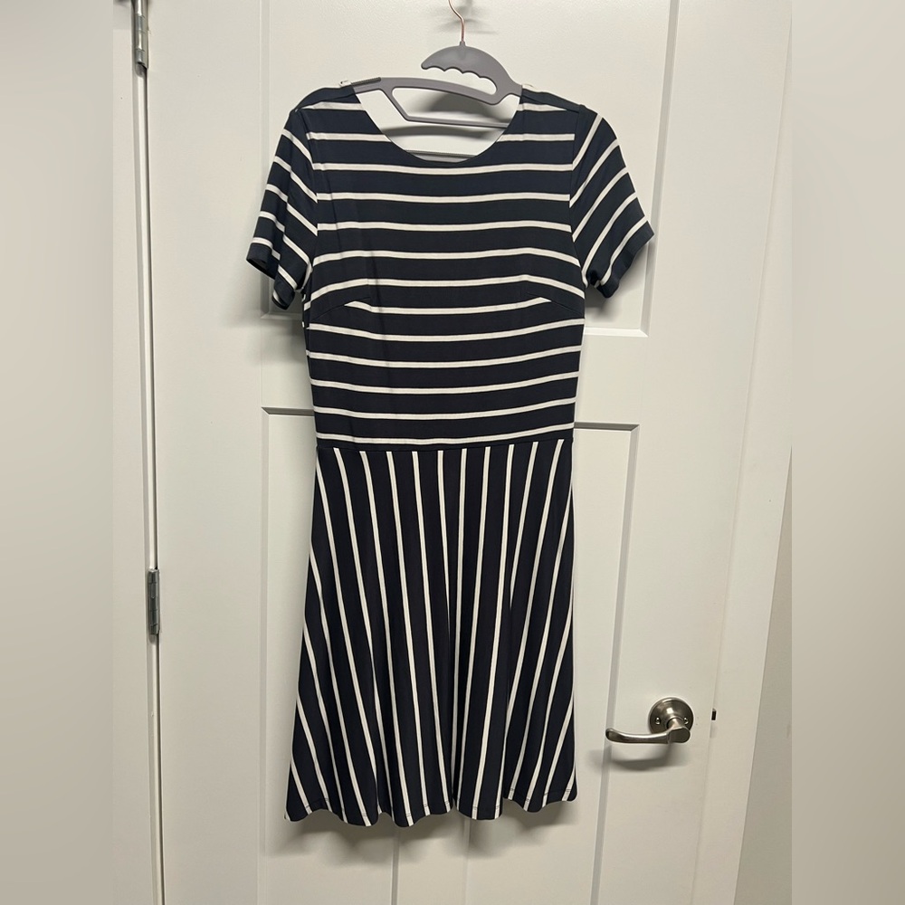 LOFT grey and White Striped Midi Dress